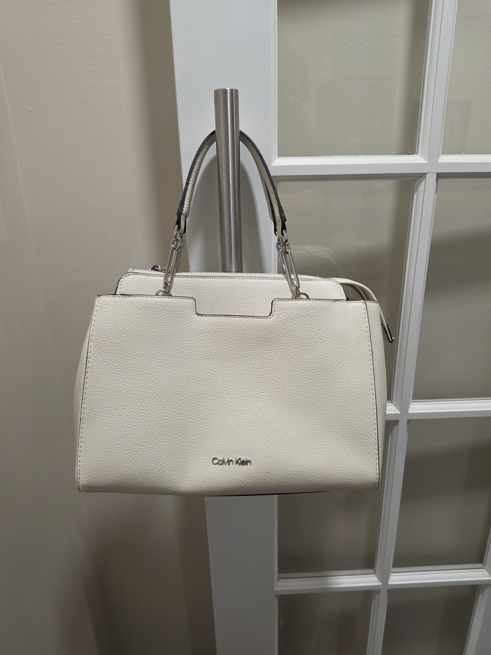 Calvin Klein Off-White Pebbled Leather Satchel with Top Handles